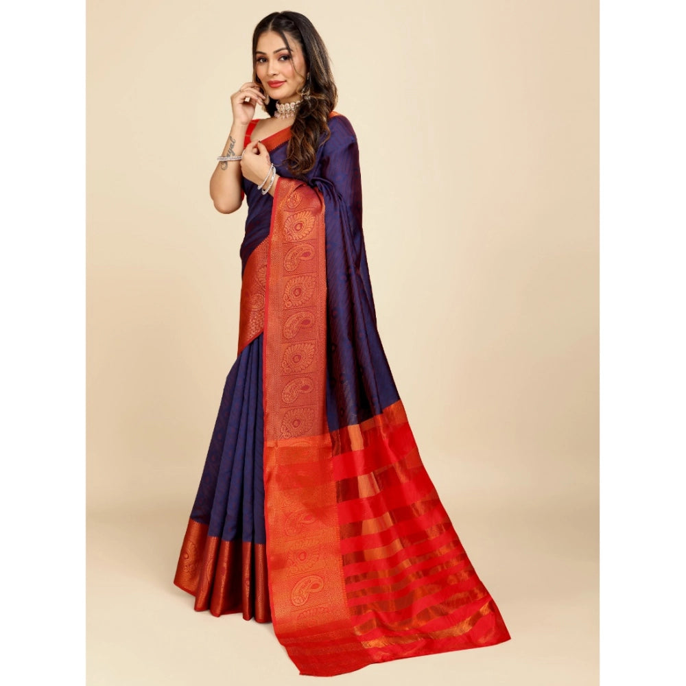 Generic Women's Organza Woven Saree With Unstitched Blouse (Dark Blue, 5.5Mtrs)