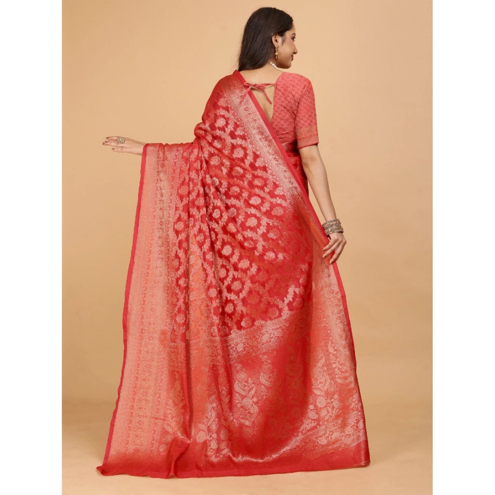 Generic Women's Organza Woven Saree With Unstitched Blouse (Red, 5.5Mtrs)