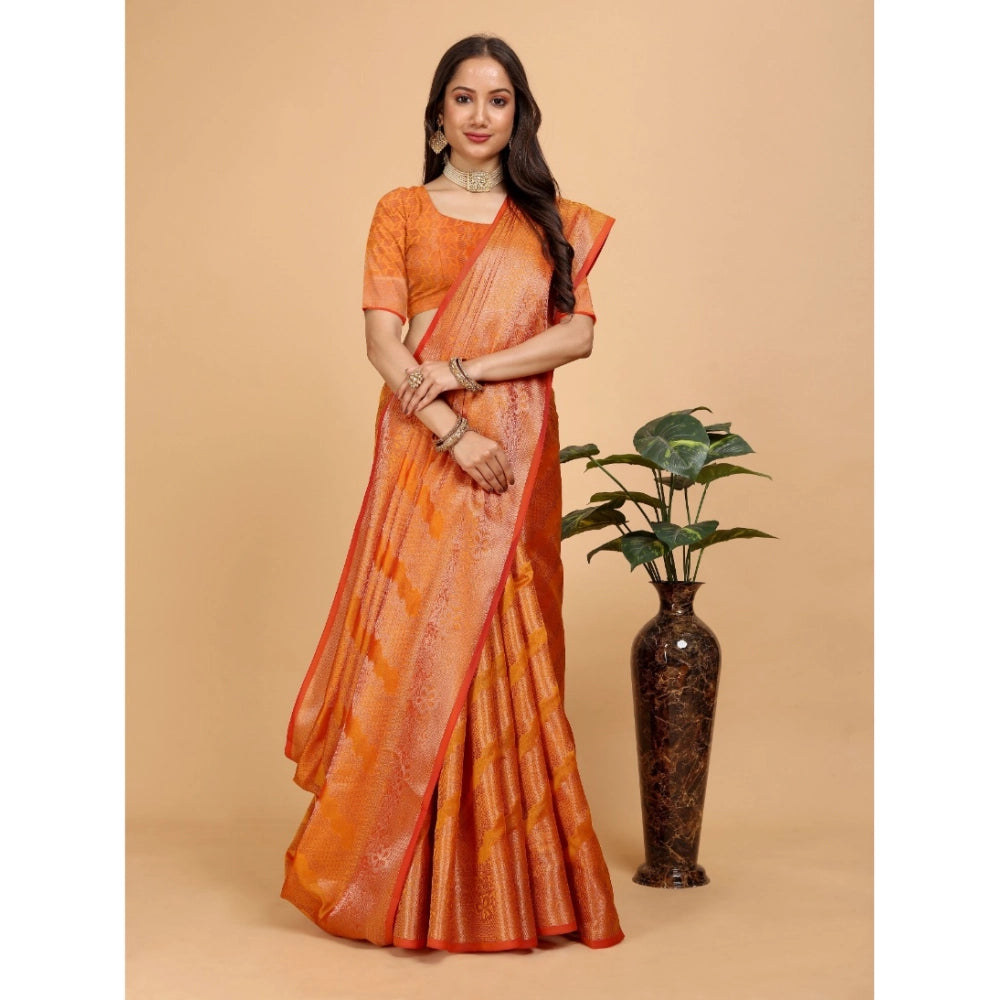 Generic Women's Organza Woven Saree With Unstitched Blouse (Orange, 5.5Mtrs)