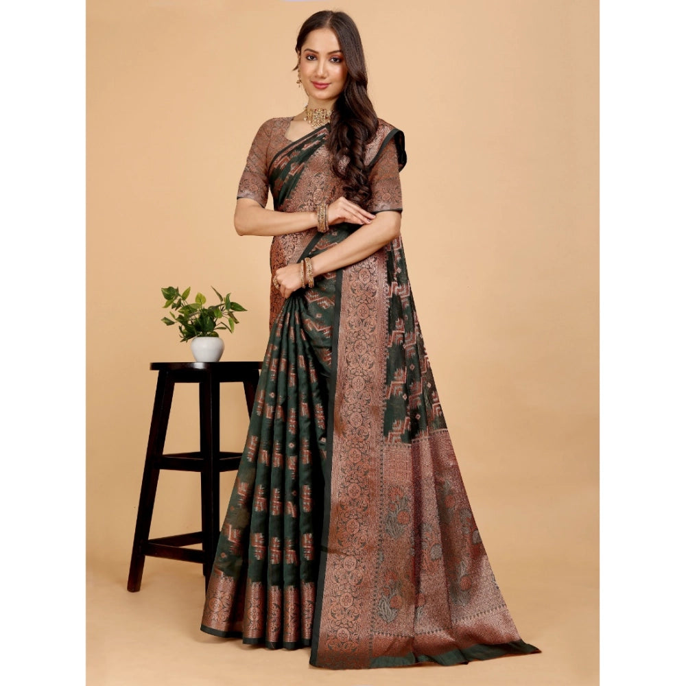Generic Women's Organza Woven Saree With Unstitched Blouse (Dark Green, 5.5Mtrs)