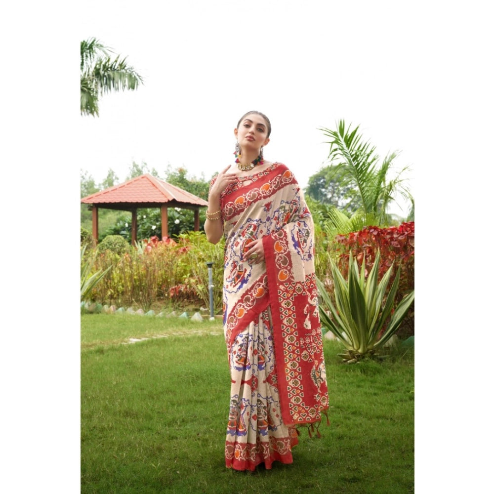 Generic Women's Tussar Silk Printed Saree With Unstitched Blouse (Maroon, 5.5 Mtr)