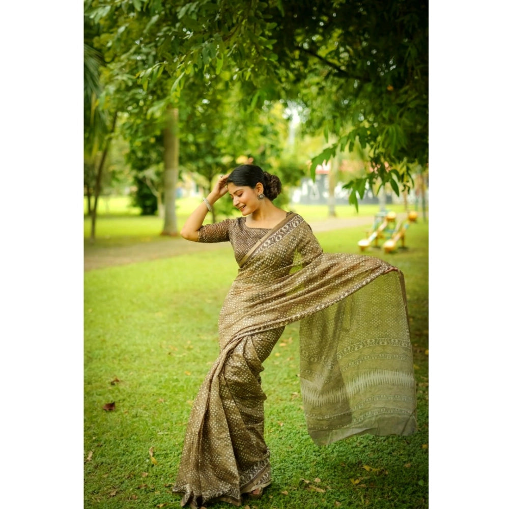 Generic Women's Cotton Printed Saree With Unstitched Blouse (Green, 5.5 Mtr)