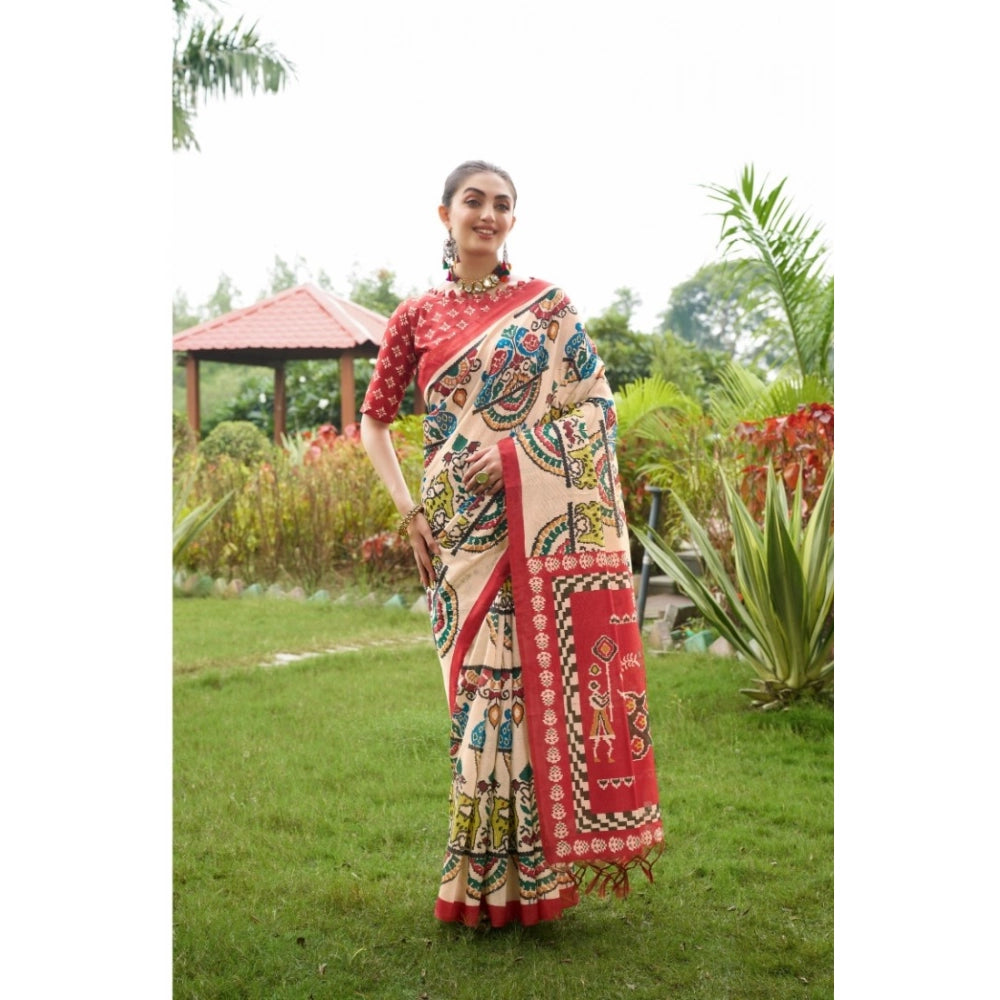 Generic Women's Tussar Silk Printed Saree With Unstitched Blouse (Maroon, 5.5 Mtr)