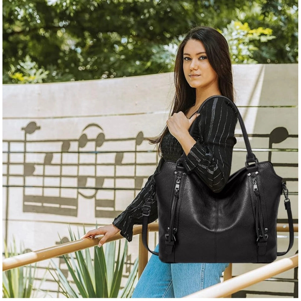 Generic Women's PU Leather Large Shoulder Zipper Handbag (Black)