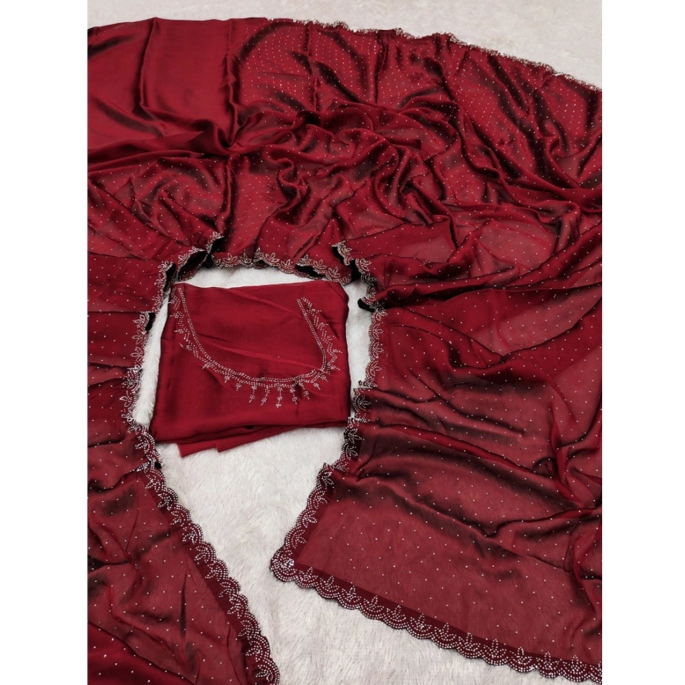 Generic Women's Georgette Satin Silk Saree With Unstitched Blouse 5.5Mtr (Red)