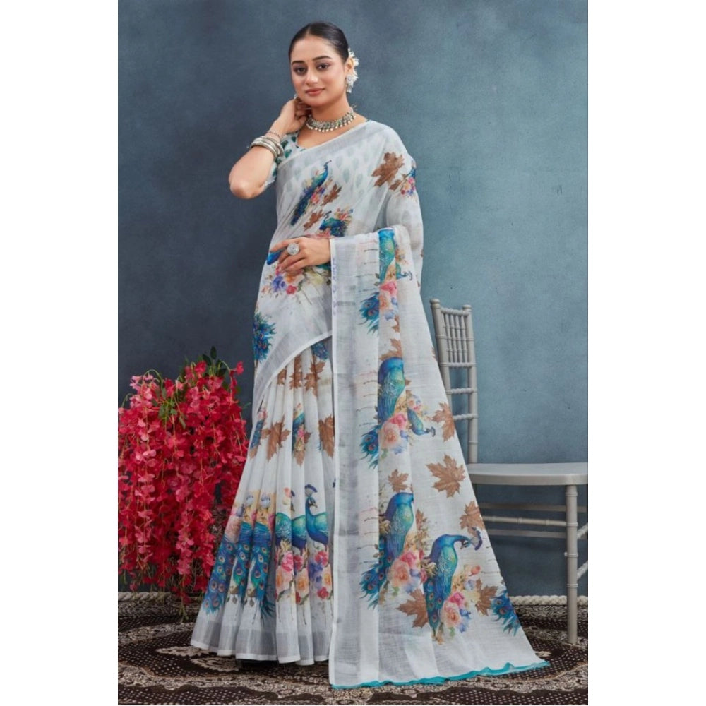 Generic Women's Linen Floral Printed Saree With Unstitched Blouse 5.5Mtr (Off-White)