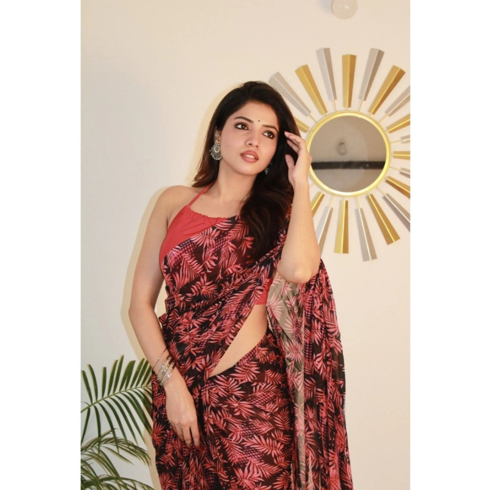 Generic Women's Georgette Printed Saree With Unstitched Blouse 5.5Mtr (Red)