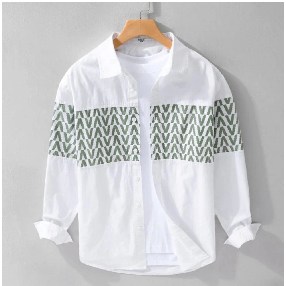 Generic Men's Casual Cotton Printed Full Sleeve Collar Shirt (White)