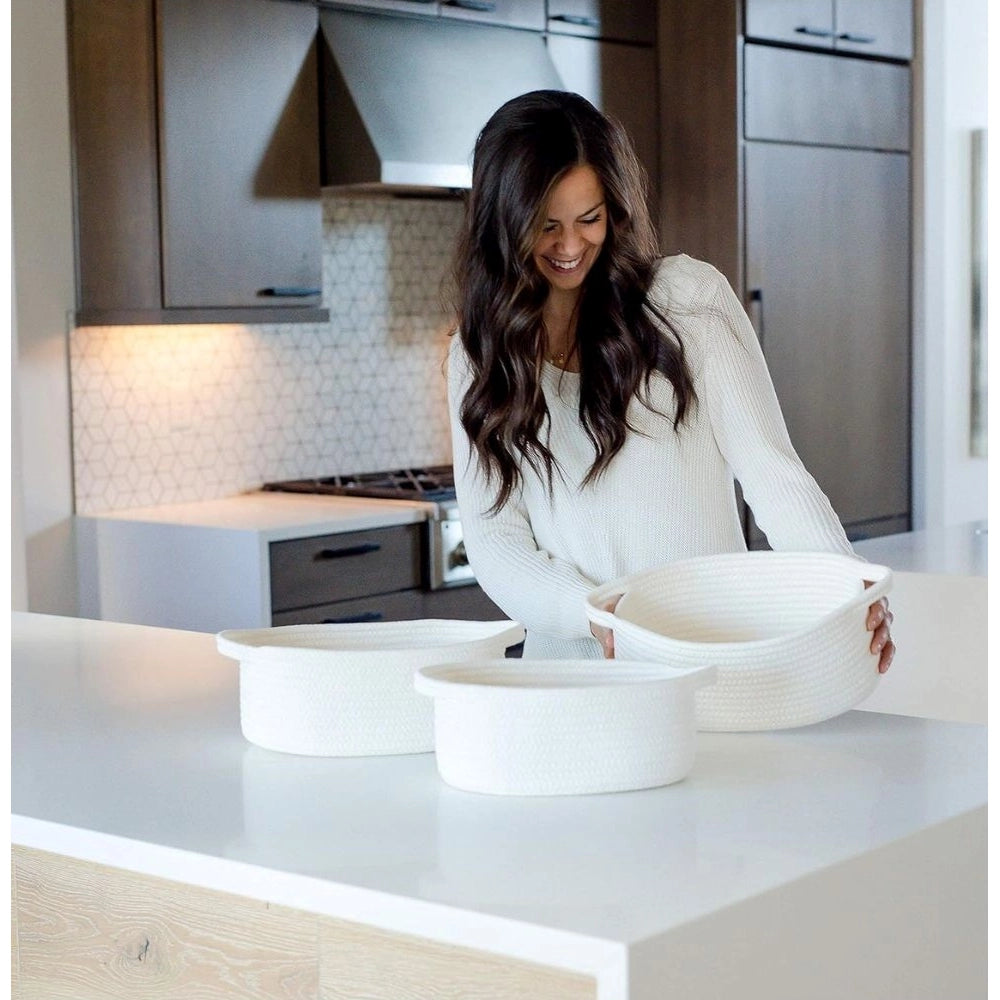 Generic Cotton Oval Basket Pack of 3 Storage Basket For Clothes (White)