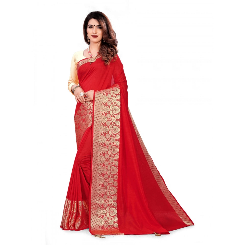 Generic Women's Vichitra Silk Saree With Blouse (Red, 5-6 Mtrs)