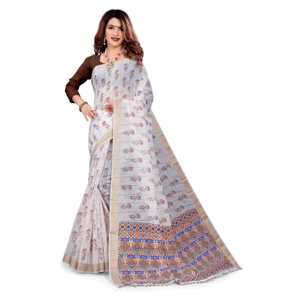 Generic Women's Cotton Blend Saree(White ,5-6Mtrs)