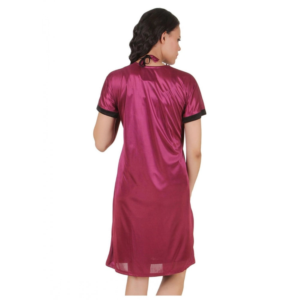 Women's Satin Short Wrap Gown with Half Sleeve(Color: Dark Wine and Black, Neck Type: V Neck)
