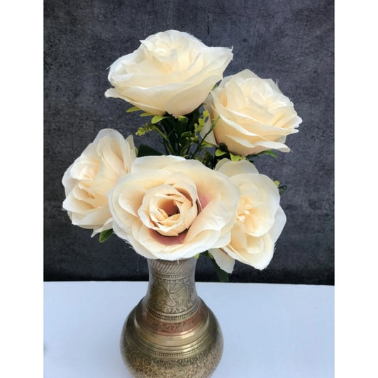 Generic Artificial Flowers Bunch Bouquet Of 5 Champagne Roses For Home Decoration (Color: Cream, Material: Silk Polyester)