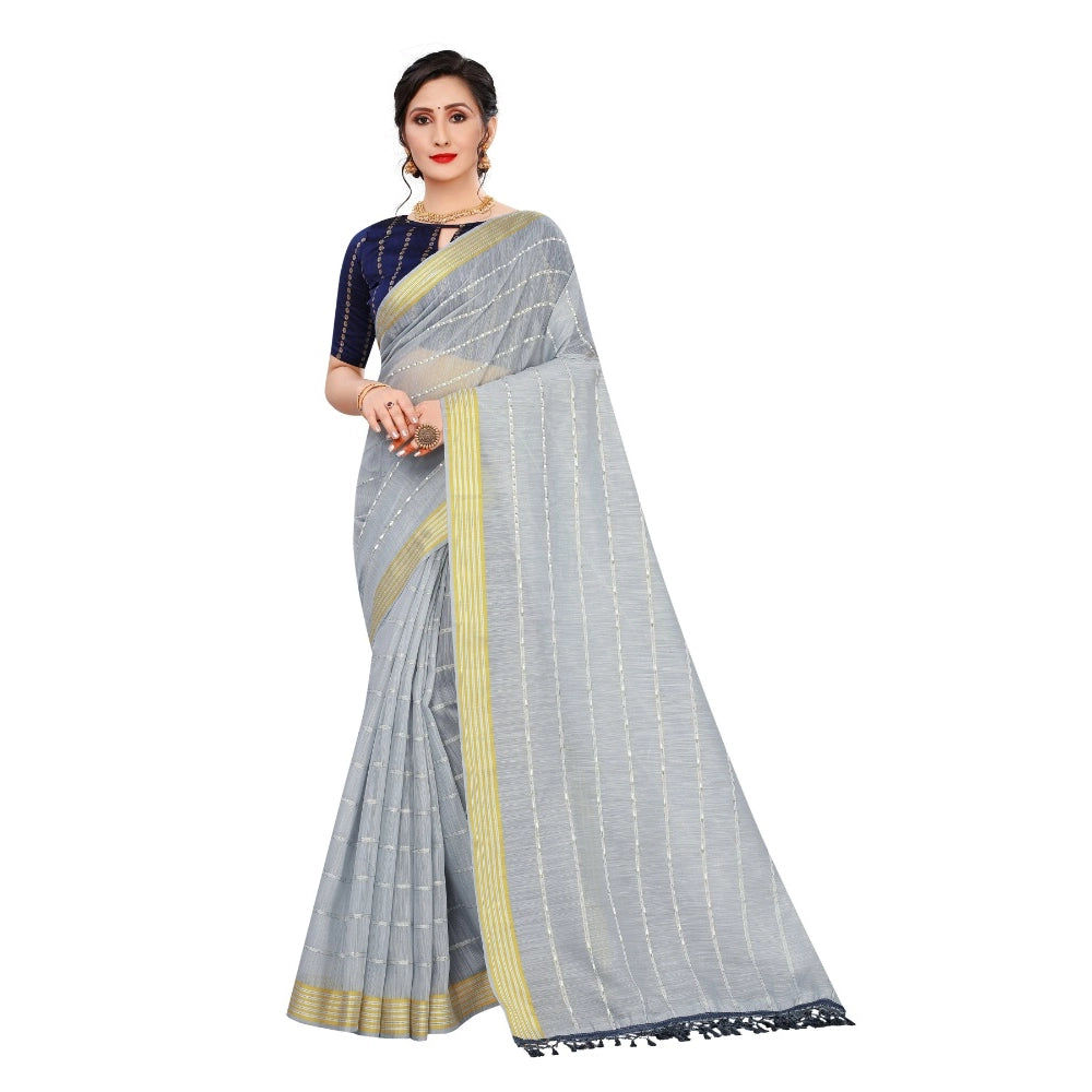 Generic Women's Cotton Saree With Blouse (Grey, 5-6Mtrs)