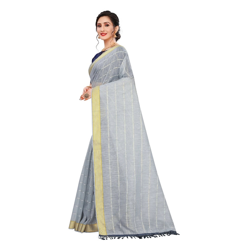 Generic Women's Cotton Saree With Blouse (Grey, 5-6Mtrs)