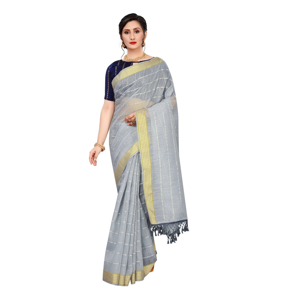 Generic Women's Cotton Saree With Blouse (Grey, 5-6Mtrs)