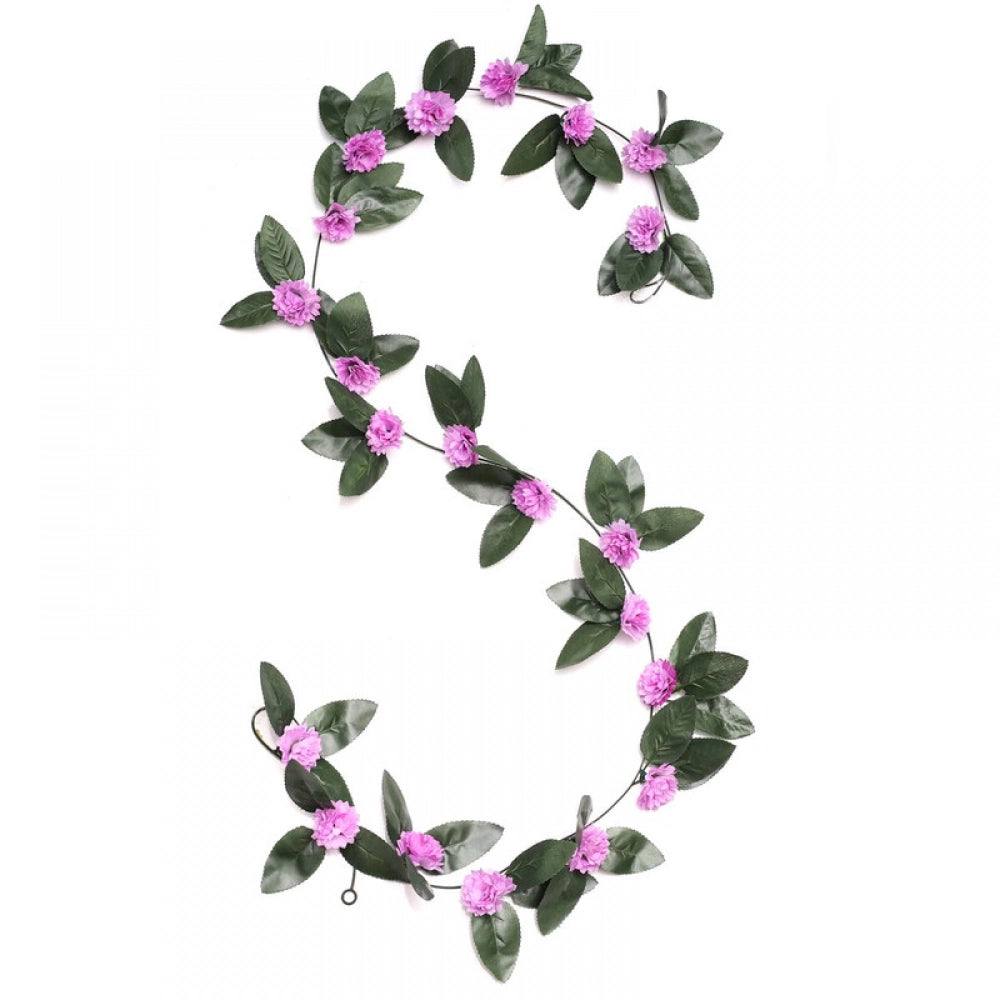 Generic Artificial Marigold Genda Flower Vine Creeper With Big Green Leaves And 22 Flowers For Home And Party Decoraton (Purple, Material:Silk, Polyester)