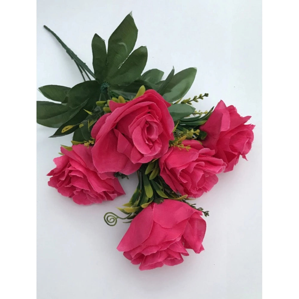 Generic Artificial Flowers Bunch Bouquet Of 5 Roses For Home Decoration (Dark Pink, Material:Silk, Polyester)