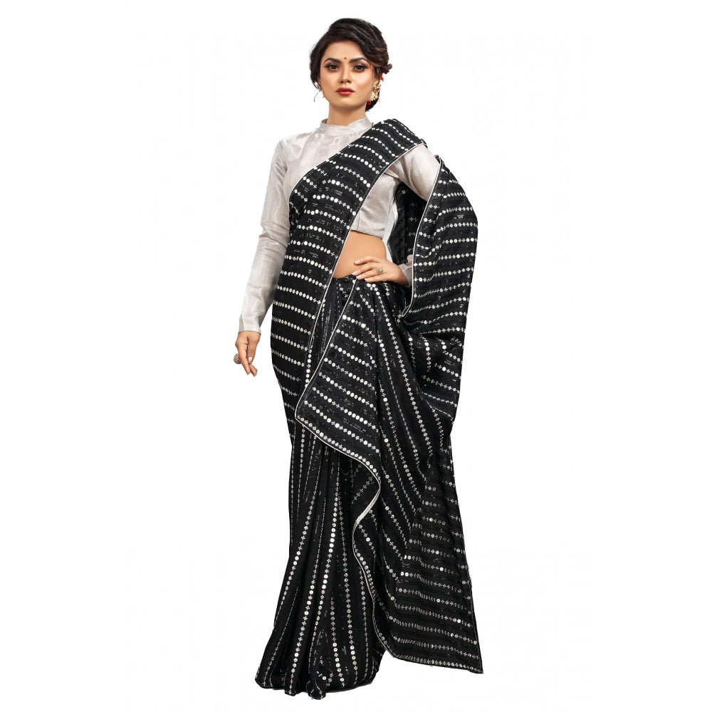Generic Women's Vichitra Saree with Blouse (Silver, 5-6 Mtrs)