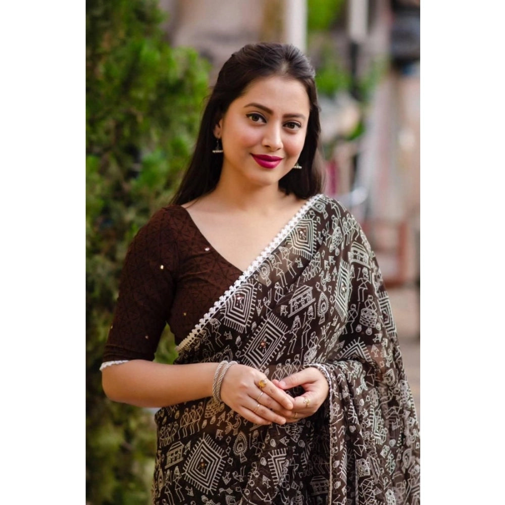 Generic Women's Georgette Printed Saree With Unstitched Blouse (Brown)