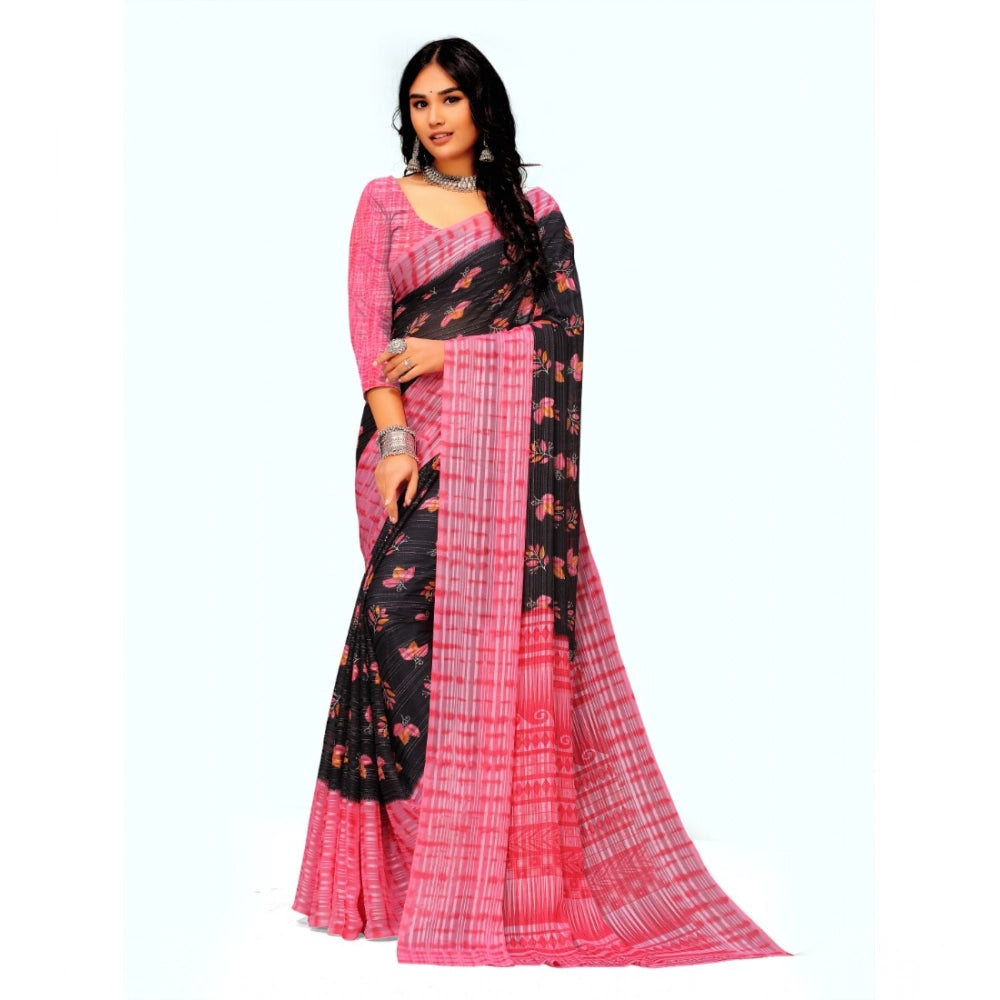 Generic Women's Georgette Printed Saree With Unstitched Blouse (Pink)