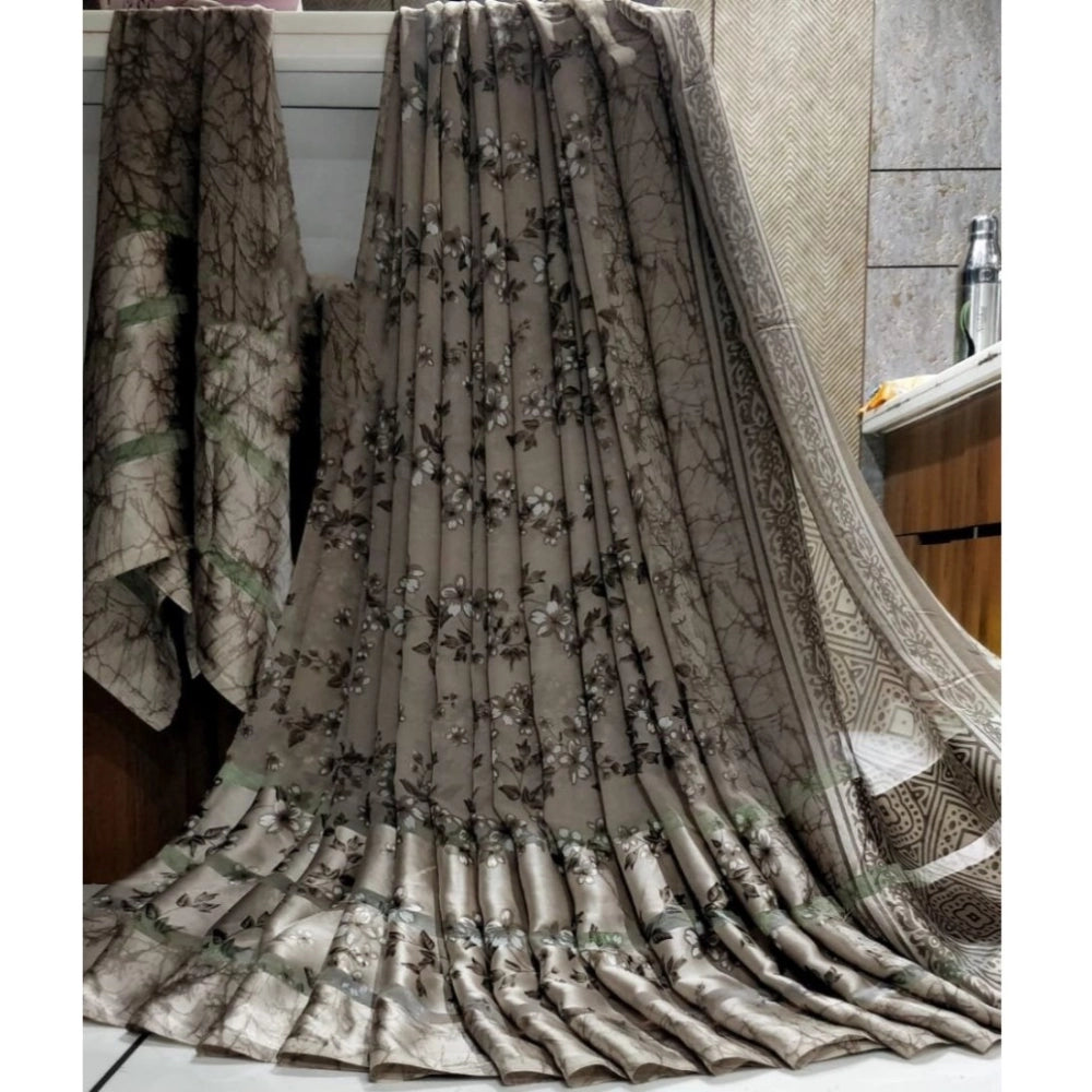 Generic Women's Satin Patta Printed Saree With Unstitched Blouse (Grey)