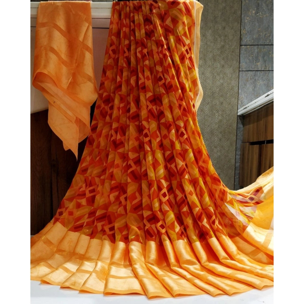 Generic Women's Satin Patta Printed Saree With Unstitched Blouse (Orange)
