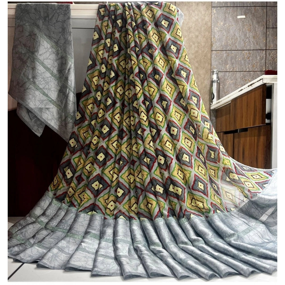 Generic Women's Satin Patta Printed Saree With Unstitched Blouse (Grey)