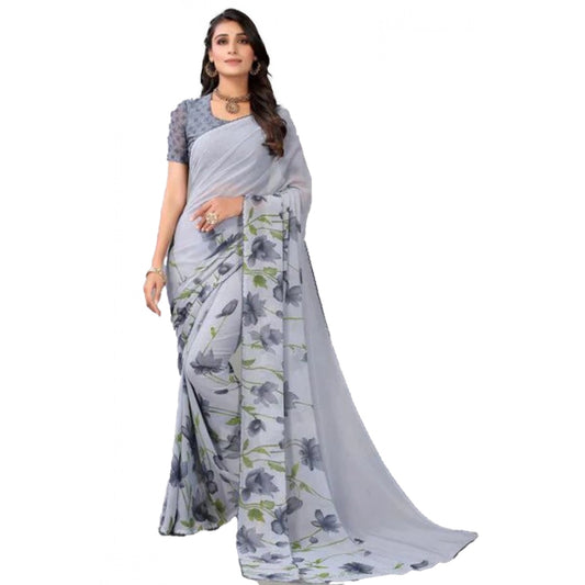Generic Women's Georgette Printed Saree With Unstitched Blouse (Grey)