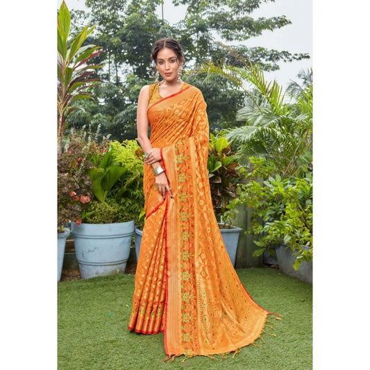 Generic Women's Organza Printed Saree With Unstitched Blouse (Orange, 5-6 Mtrs)