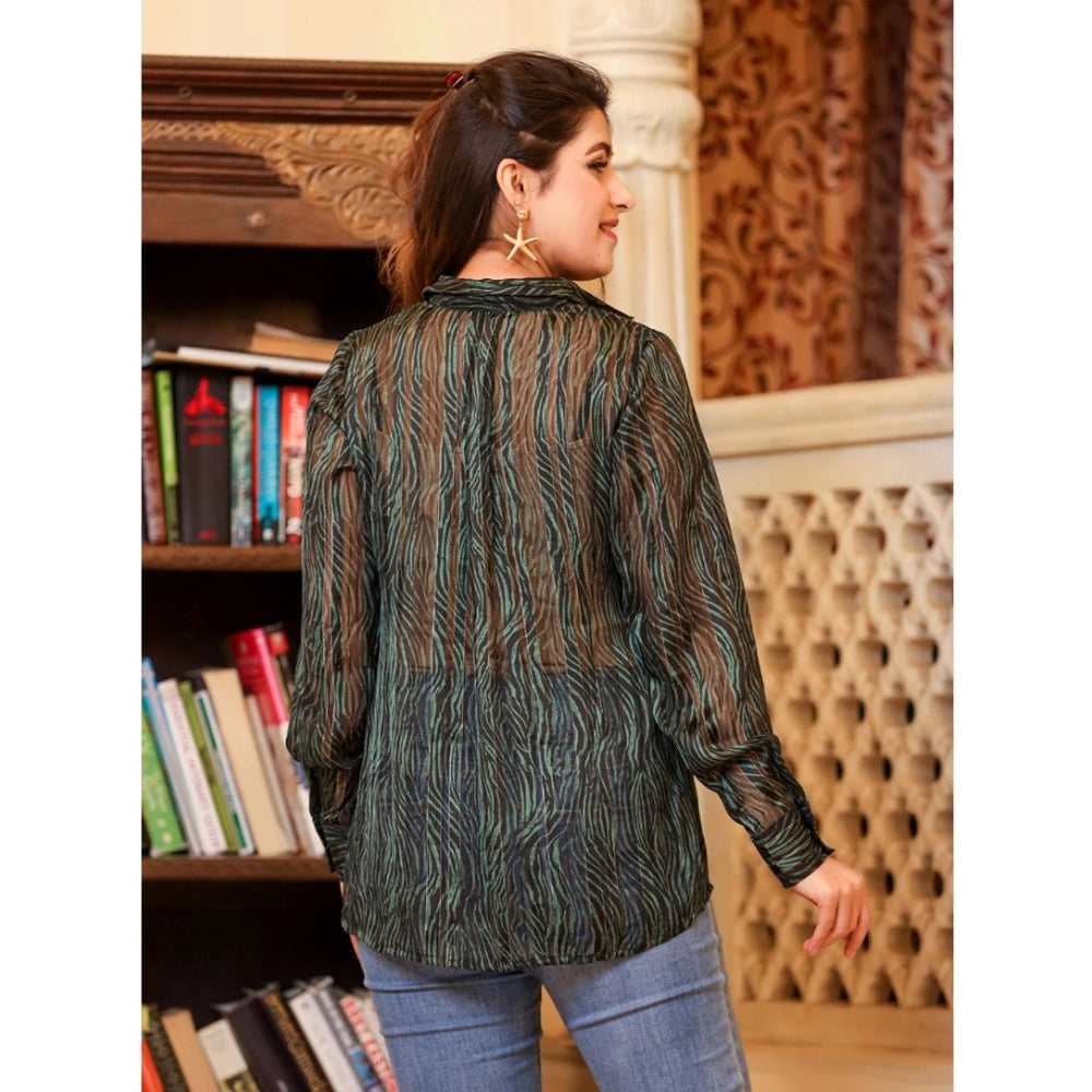 Generic Women's Chiffon Striped Full Sleeve Collared Shirt Top (Green)