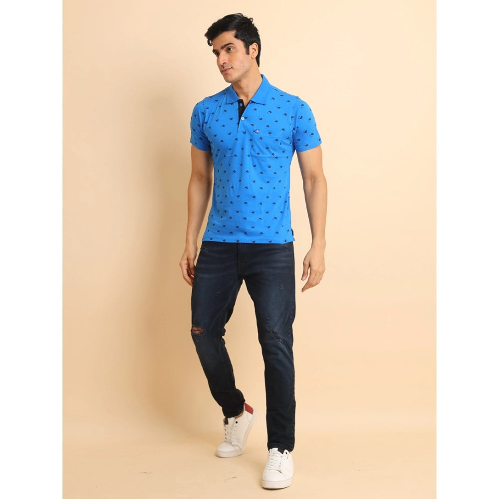 Generic Men's Casual Cotton Printed Polo Neck Half Sleeve T-Shirt (Blue)