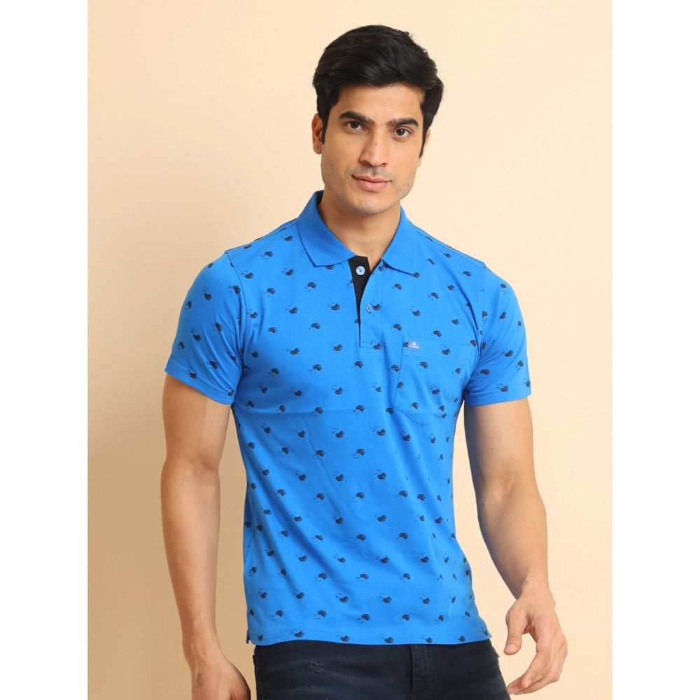 Generic Men's Casual Cotton Printed Polo Neck Half Sleeve T-Shirt (Blue)