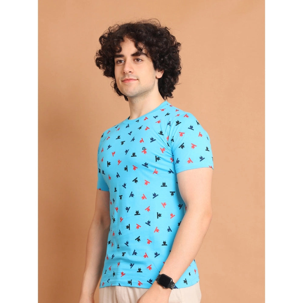 Generic Men's Casual Cotton Printed Round Neck Half Sleeve T-Shirt (Skyblue)