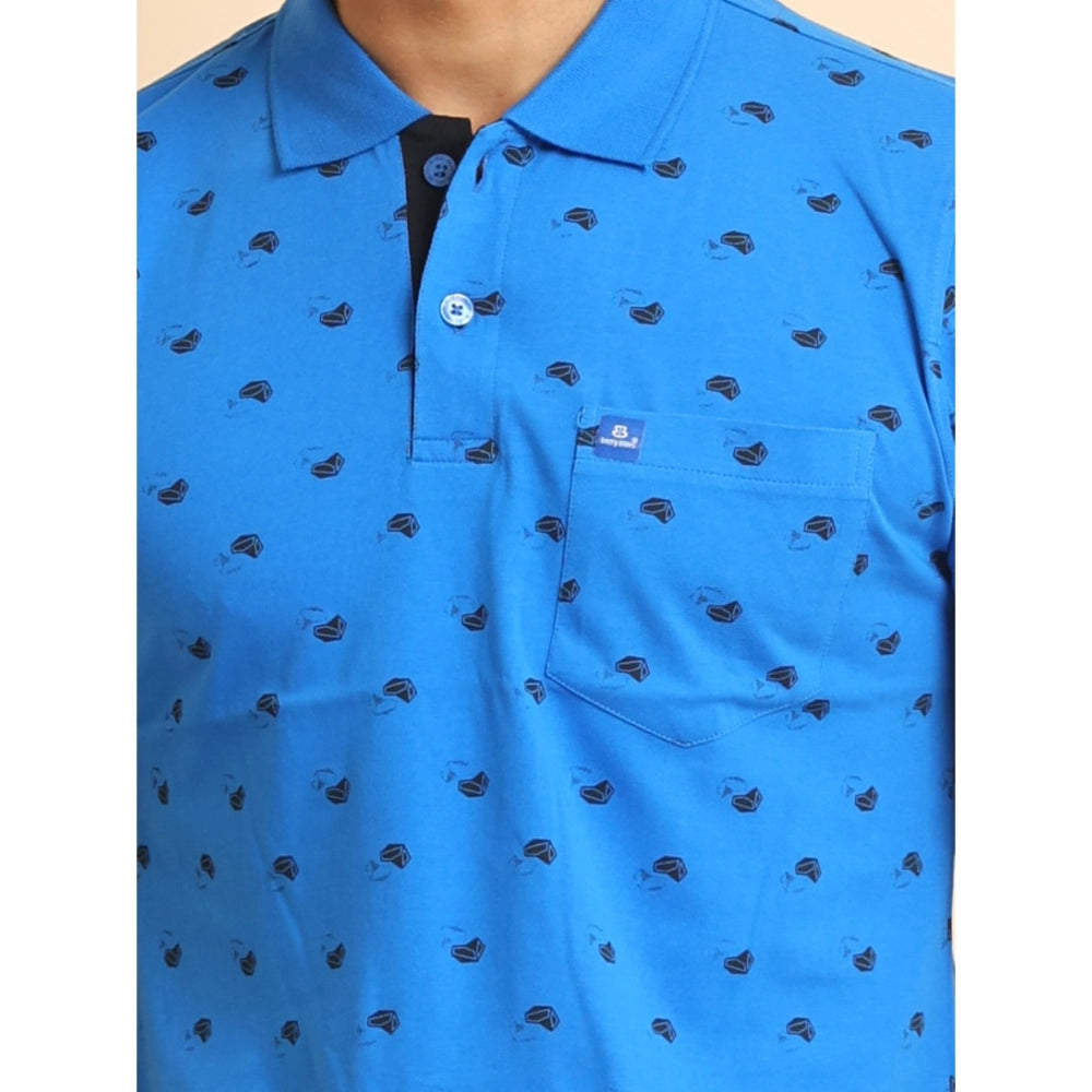 Generic Men's Casual Cotton Printed Polo Neck Half Sleeve T-Shirt (Blue)