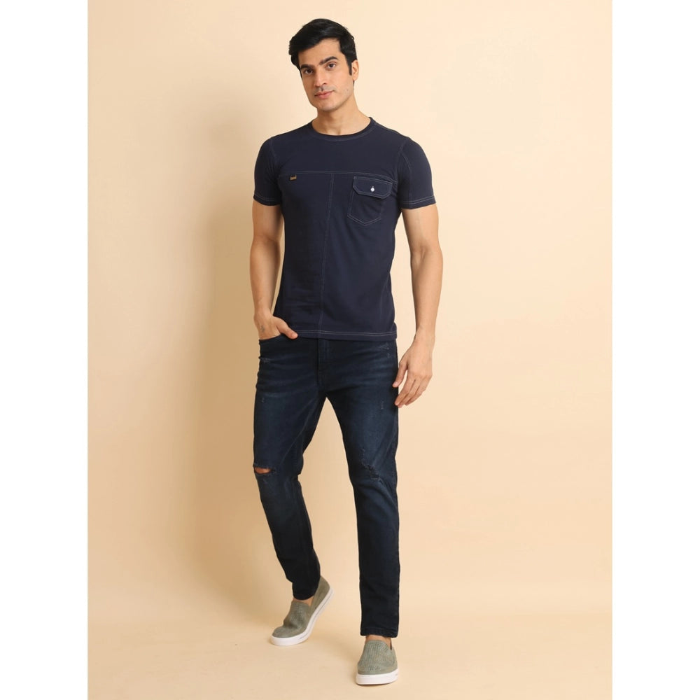 Generic Men's Casual Cotton Solid Round Neck Half Sleeve T-Shirt (Navy)