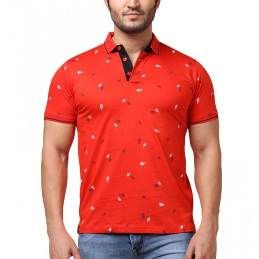 Generic Men's Casual Cotton Printed Polo Neck Half Sleeve T-Shirt (Red)