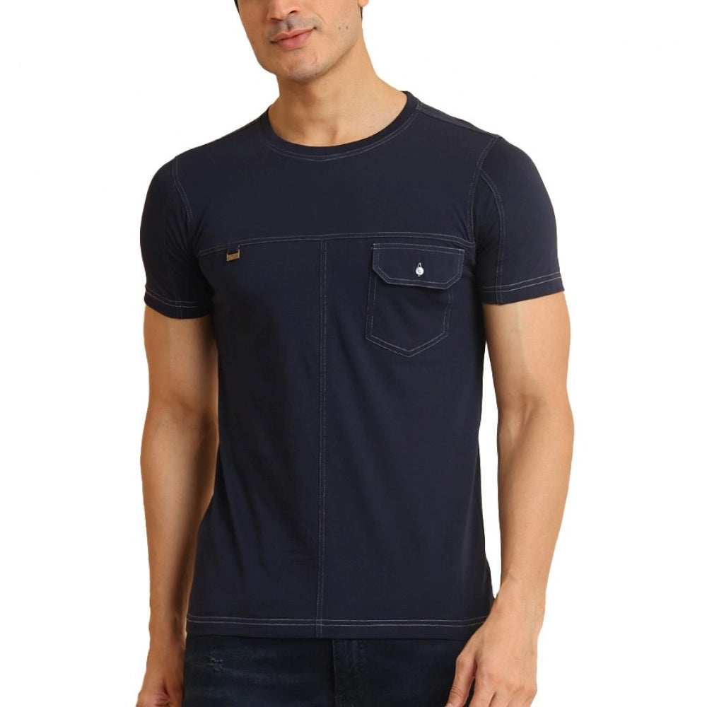 Generic Men's Casual Cotton Solid Round Neck Half Sleeve T-Shirt (Navy)