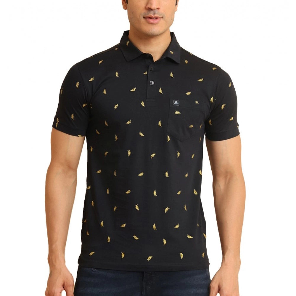 Generic Men's Casual Cotton Printed Polo Neck Half Sleeve T-Shirt (Black)