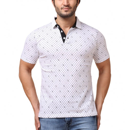Generic Men's Casual Cotton Printed Polo Neck Half Sleeve T-Shirt (White)