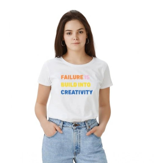 Generic Women's Polyester Solid Printed Round Neck Half Sleeve T-shirt (White)