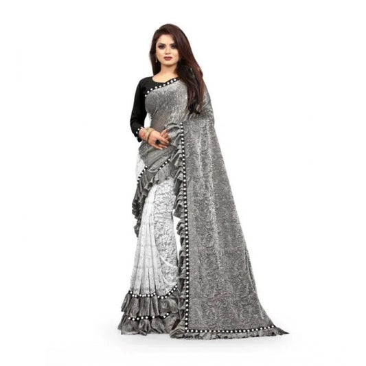 Generic Women's Silk With Mirror Lace Solid Saree With Unstitched Blouse (Grey, 5-5 Mtrs)
