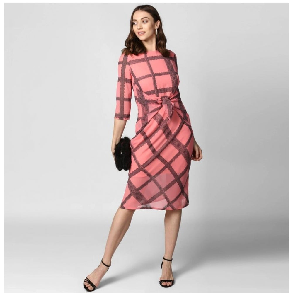 Generic Women's Polyester Checkered 3-4th Sleeves Below Knee Dress (Pink - Black)