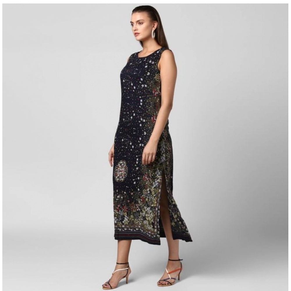 Generic Women's Rayon Floral Sleeveless Calf-length Dress (Black)