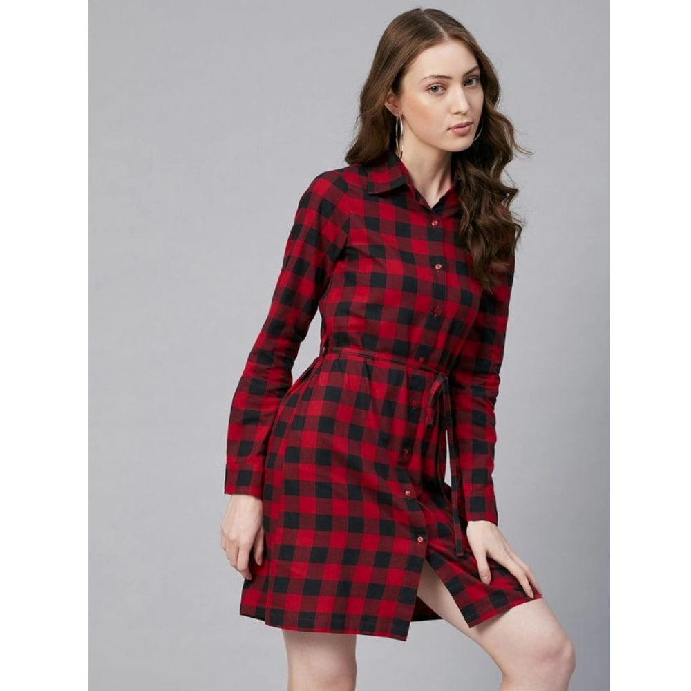 Generic Women's Cotton Checkered Long Sleeves Above Knee Dress (Red - Black)
