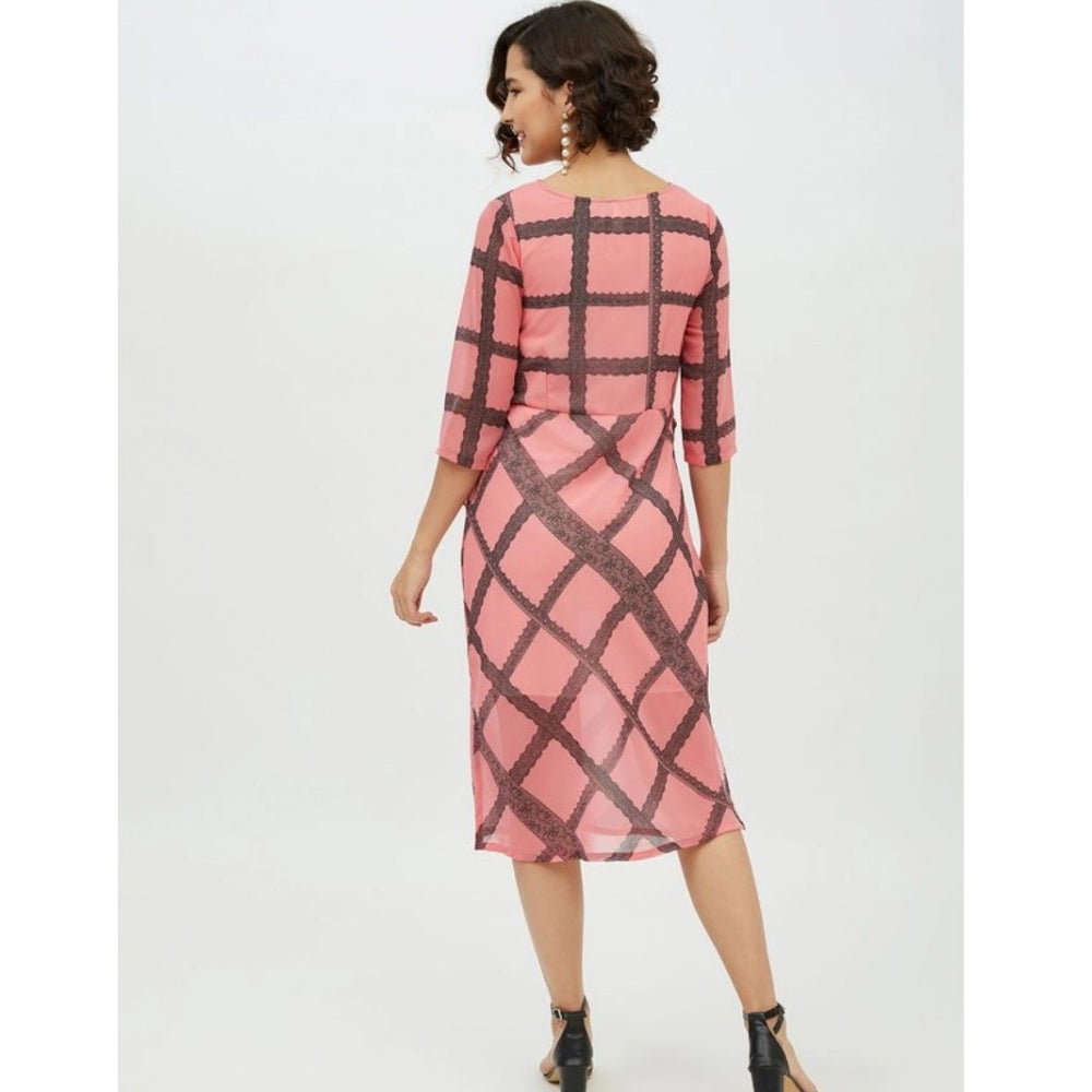 Generic Women's Polyester Checkered 3-4th Sleeves Below Knee Dress (Pink)
