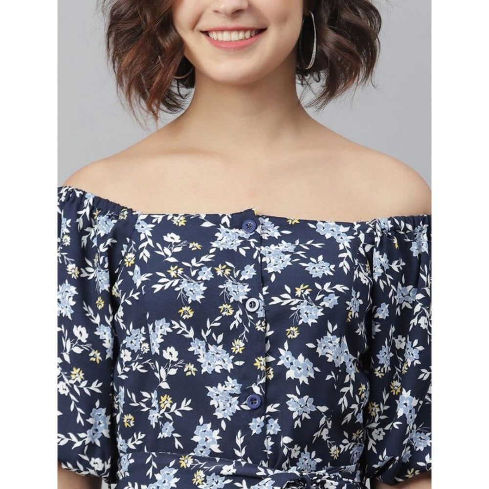 Generic Women's Polyester Off Shoulder Half Sleeve Above Knee Dress (Blue)