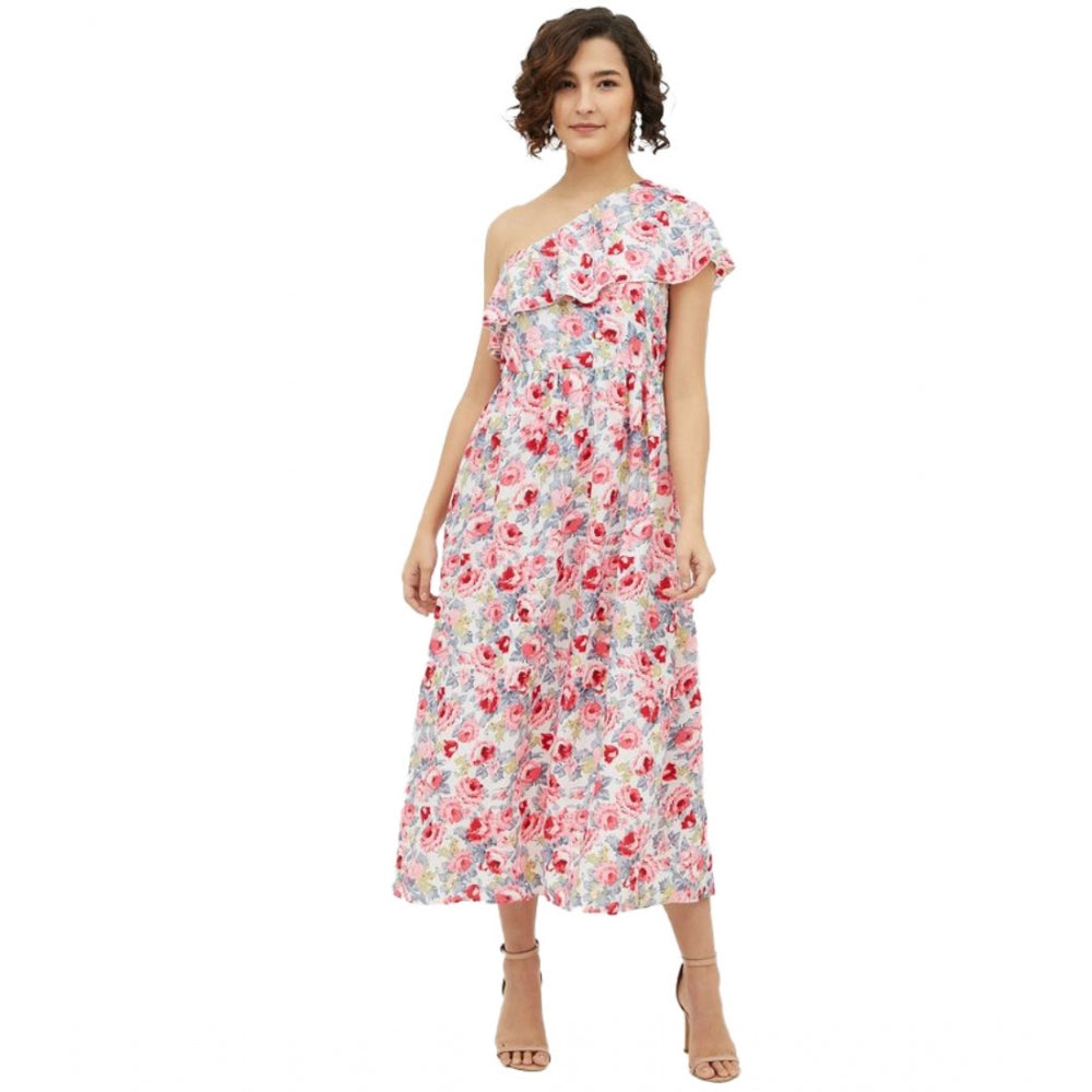 Generic Women's Polyester Floral One Shoulder Calf-length Dress (Multicolor)