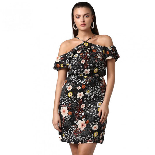 Generic Women's Polyester Floral Cold Shoulder Above Knee Dress (Black)