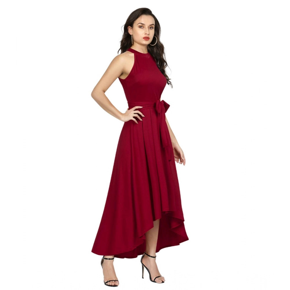 Generic Women's Polyster Solid Halter Neck Sleeveless Dress (Maroon)